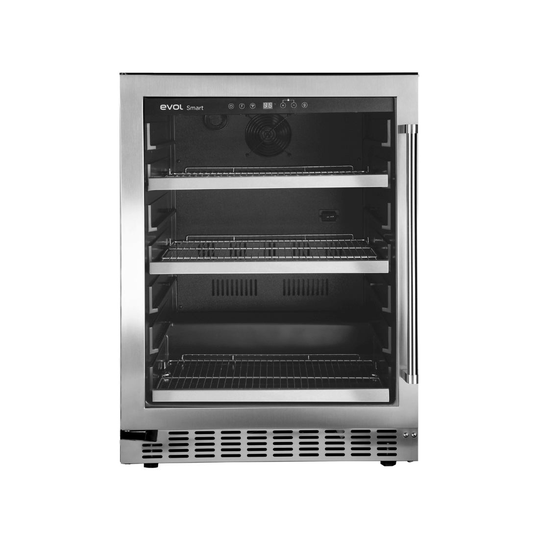Alt Tag: Cervejeira Evol Smart 135 Litros Inox 60cm - Abertura Esquerda, cervejeira de embutir com acabamento inox, porta de vidro, prateleiras e iluminação interna